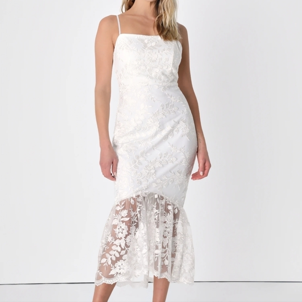 Lulu's Adored Eternity white lace sleeveless trumpet midi dress